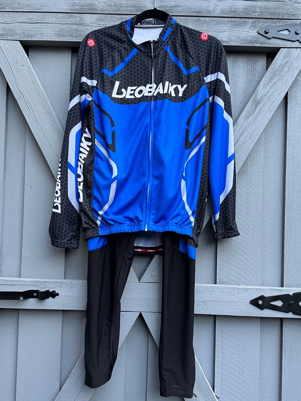 LEOBAIKY Men's XL Cycling Jersey & Padded Tights Set Blue Black Long Sleeve